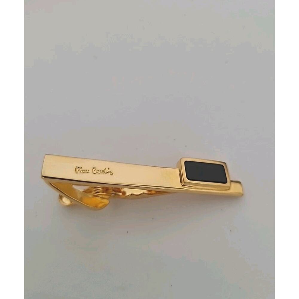 Pierre Cardin Vintage‎ Tie Clasp Clip Bar Black Onyx Gold Tone Retro Designer
